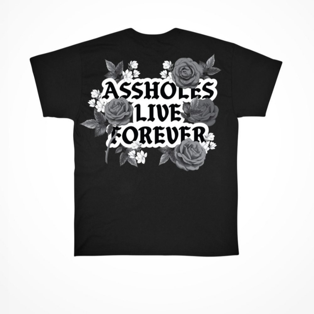 Black Graphic Tee with White Floral Lettering